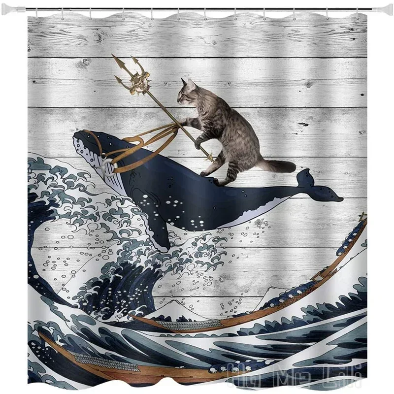 Animal By Ho Me Lili Shower Curtain Cats Fighting  Back Whale Waves Board Bathroom Decoration Set Polyester Fabric With Hook