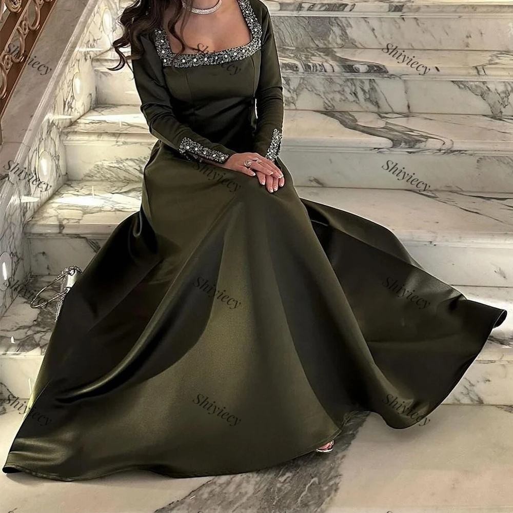 Saudi Arabia Satin Evening Dress for Woman Square Collar with Sequined Crystal Long Sleeves Prom Gowns A-Line Party Dress 2024