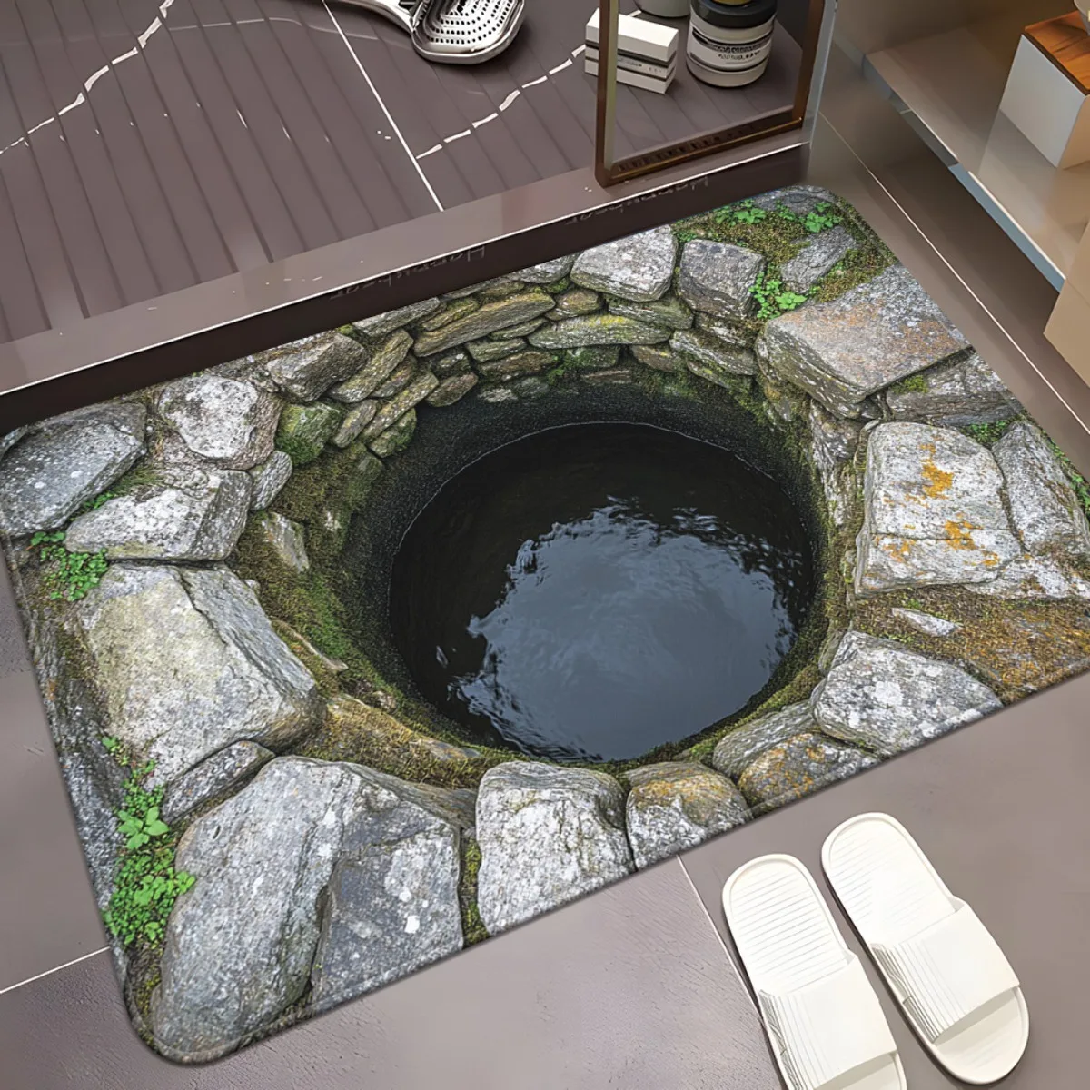3D Stone Well Mat for Bathroom | Unique Floor Mats with Water Illusion | Non-Slip Doormats for Indoor Use Skid resistant carpet