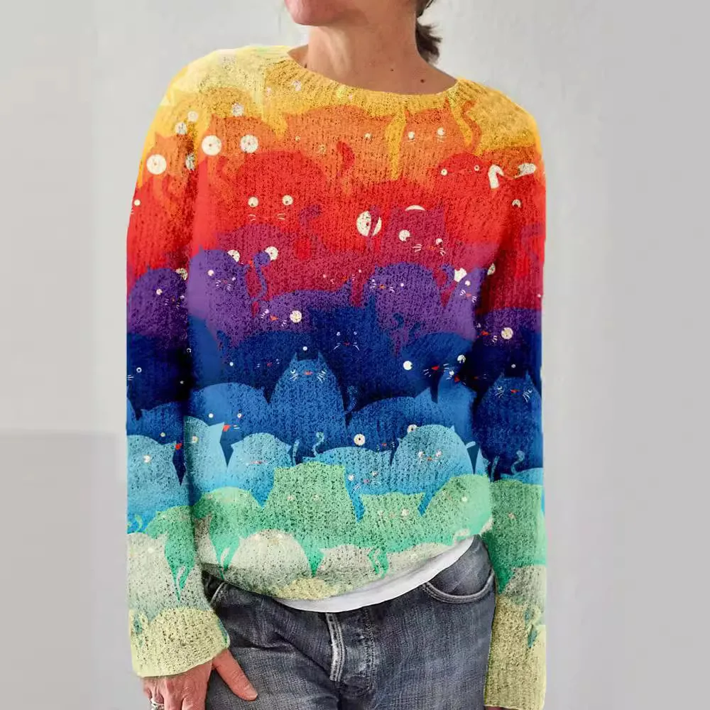 2025 الخريف والشتاء جديد القط طباعة الكتف طويلة الأكمام المرأة سترة عارضة الصوف سترة أوروبا وأمريكا