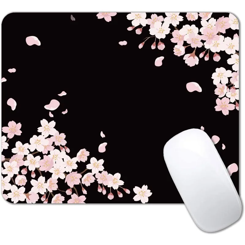 Cute Pink Flowers Mouse Pad, Cherry Blossom Mouse mat, Serene Blossoms on Black Elegant Floral desk mat