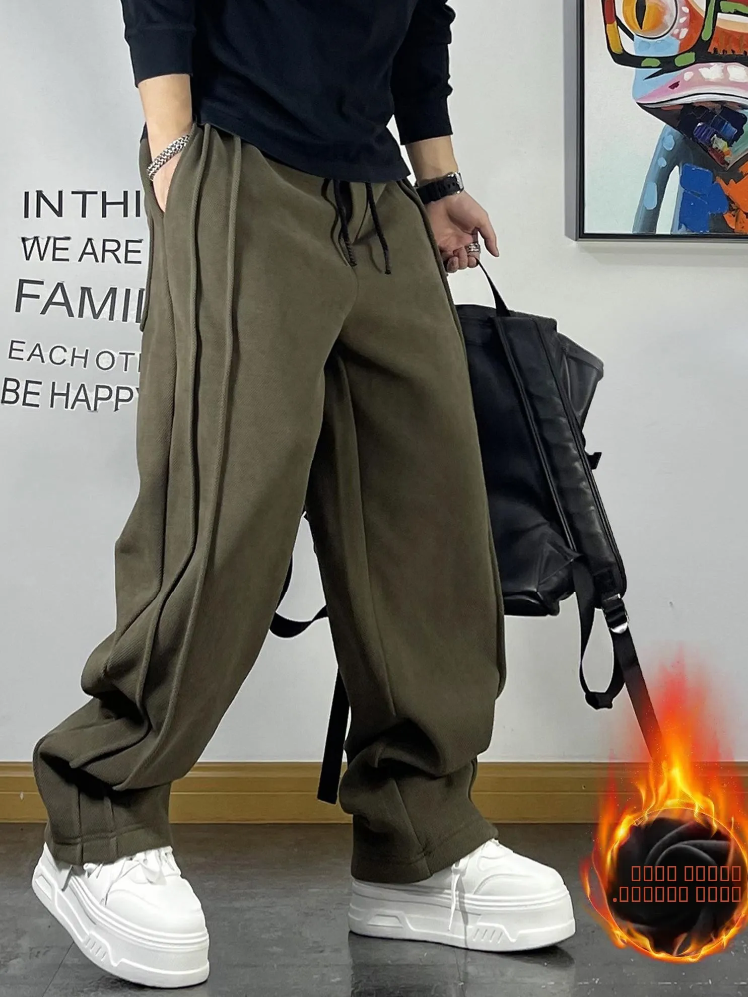 

plus Size American Retro Patchwork Knitted Sport Sweatpants Men Autumn Winter Fce Lined Drape Straight Leg Casual Pants