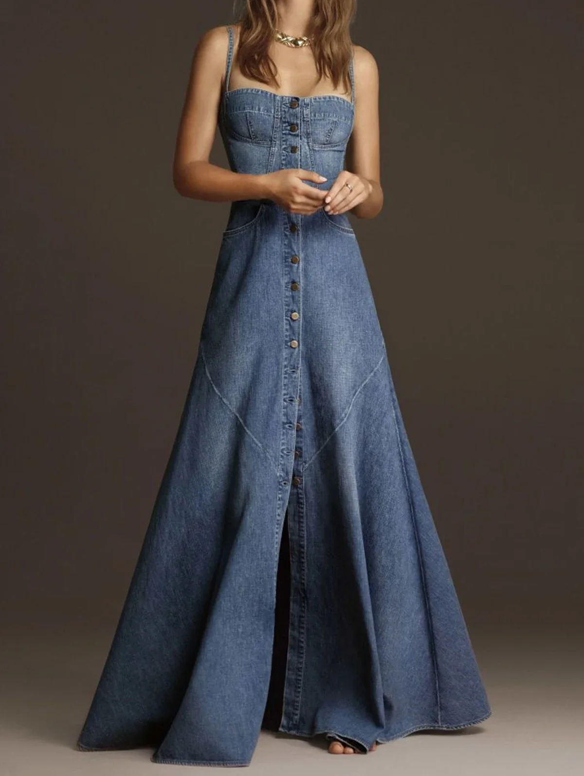 

Fashion Women Denim Tank Dress Vintage Square Collar Waisted Sundress 2025 Summer Buttons Maxi Dress Holiday Solid Robes