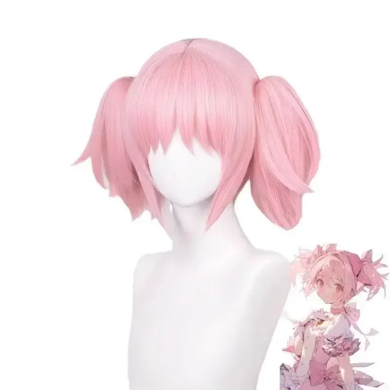 

2026 Madoka Kaname Cosplay perruques rose 30 cm pince courte queues de cheval Kaname Madoka Anime perruque Cosplay résistant