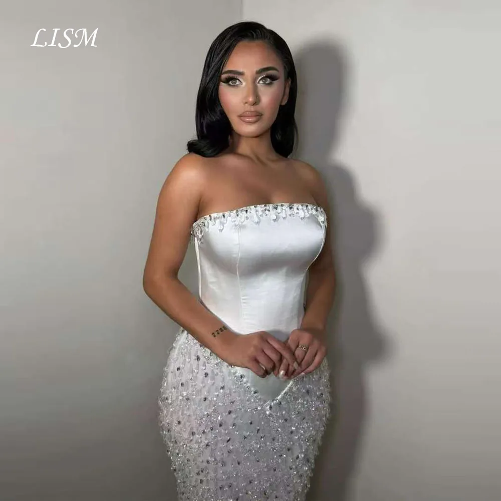 

LISM Strapless Mermaid Evening Dresses Strapless Silk Satin Bead Long Prom Dresses Customized Women Special Occasion Party Gowns