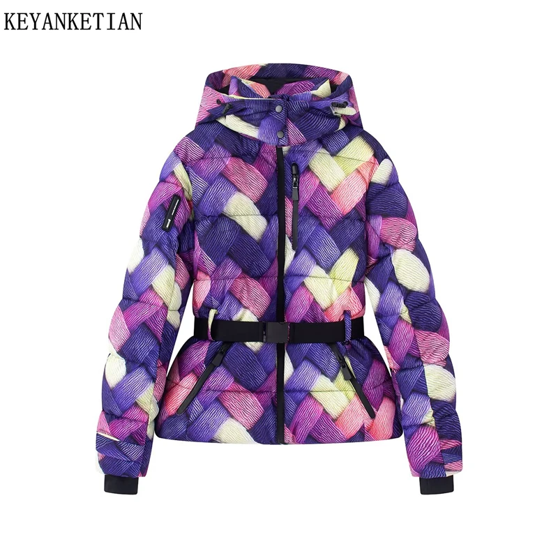 

KEYANKETIAN Winter New Women's Clothing 3D Printed Hooded Placket Zipper Belt Slim Fit Cotton Jacket Women Skiing Suit