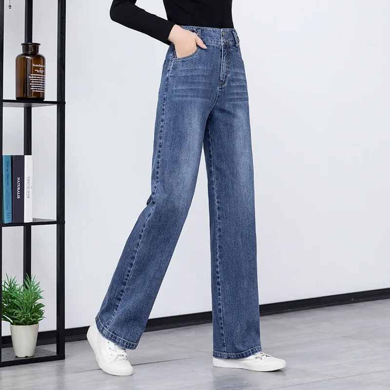 2024 New Women Straight Leg Denim Jeans For Spring Autumn High Waist Washed Casual Scratch Bleached Jeans Dark Blue Oversize