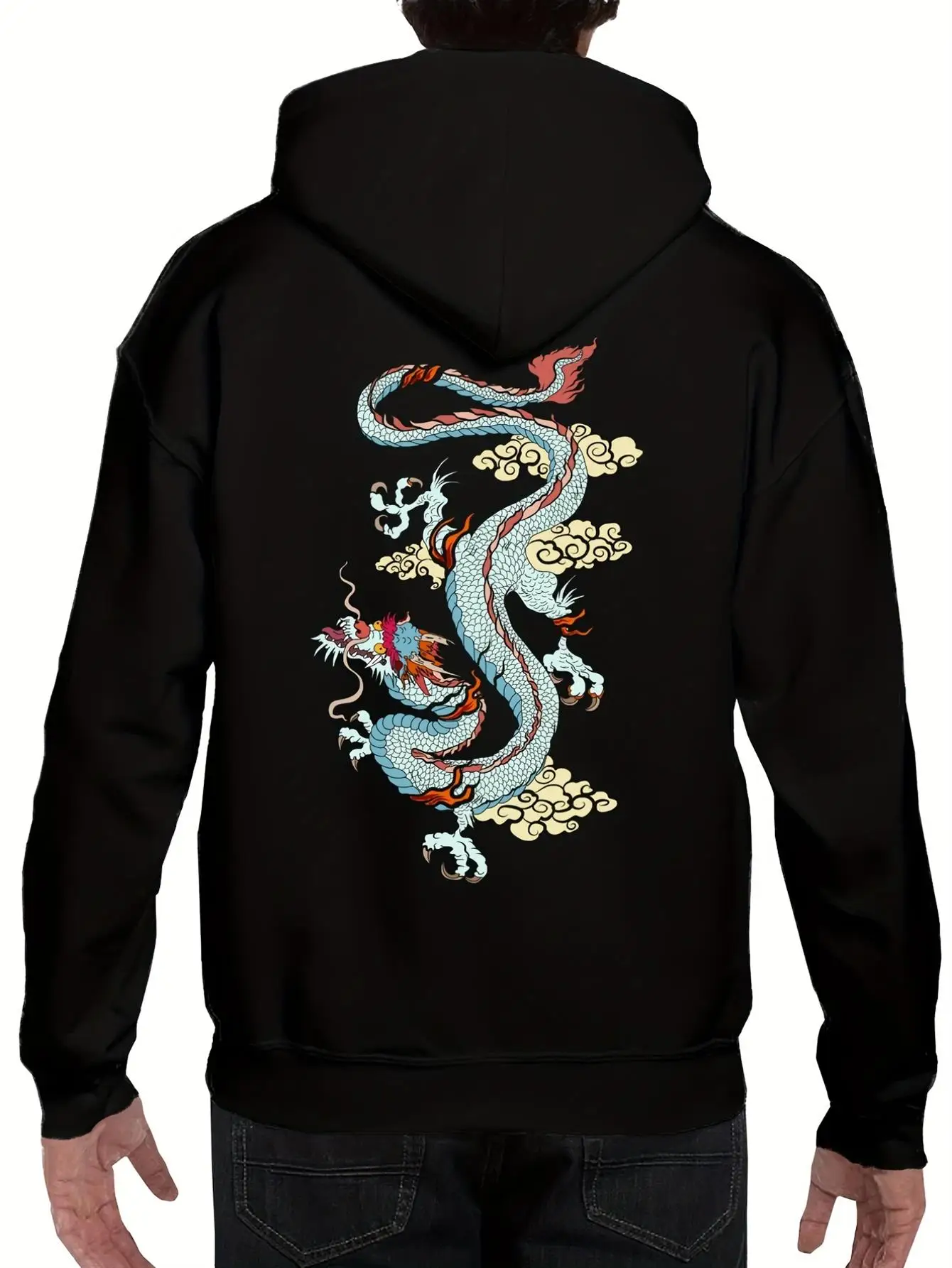 Men's Red Dragon Pattern Hoodie — Casual Polyester Pullover