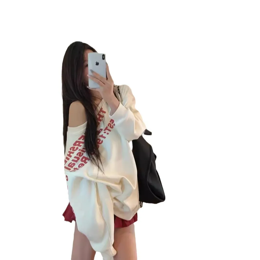 Women's Long Sleeve Loose Sweater Autumn Gray Sweatshirt American Style Letter Print Design Slouchy Oversize Off Shoulder Top