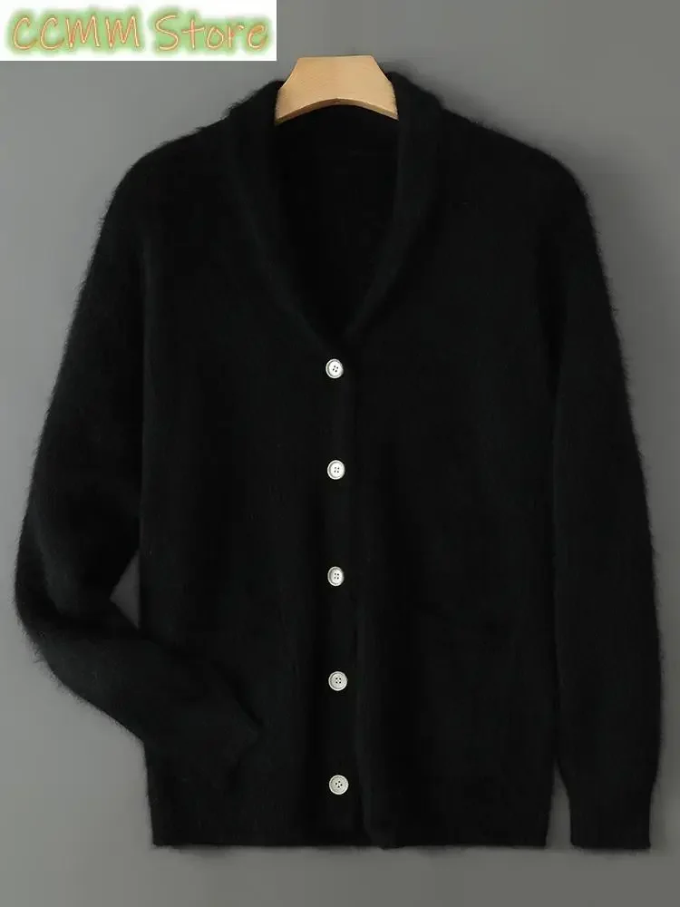 Men Mink Cashmere Knitwear Cardigan Turn-down Collar Sweater Autumn Winter Smart Casual Thick Long Sleeve Pockets Soft Tops