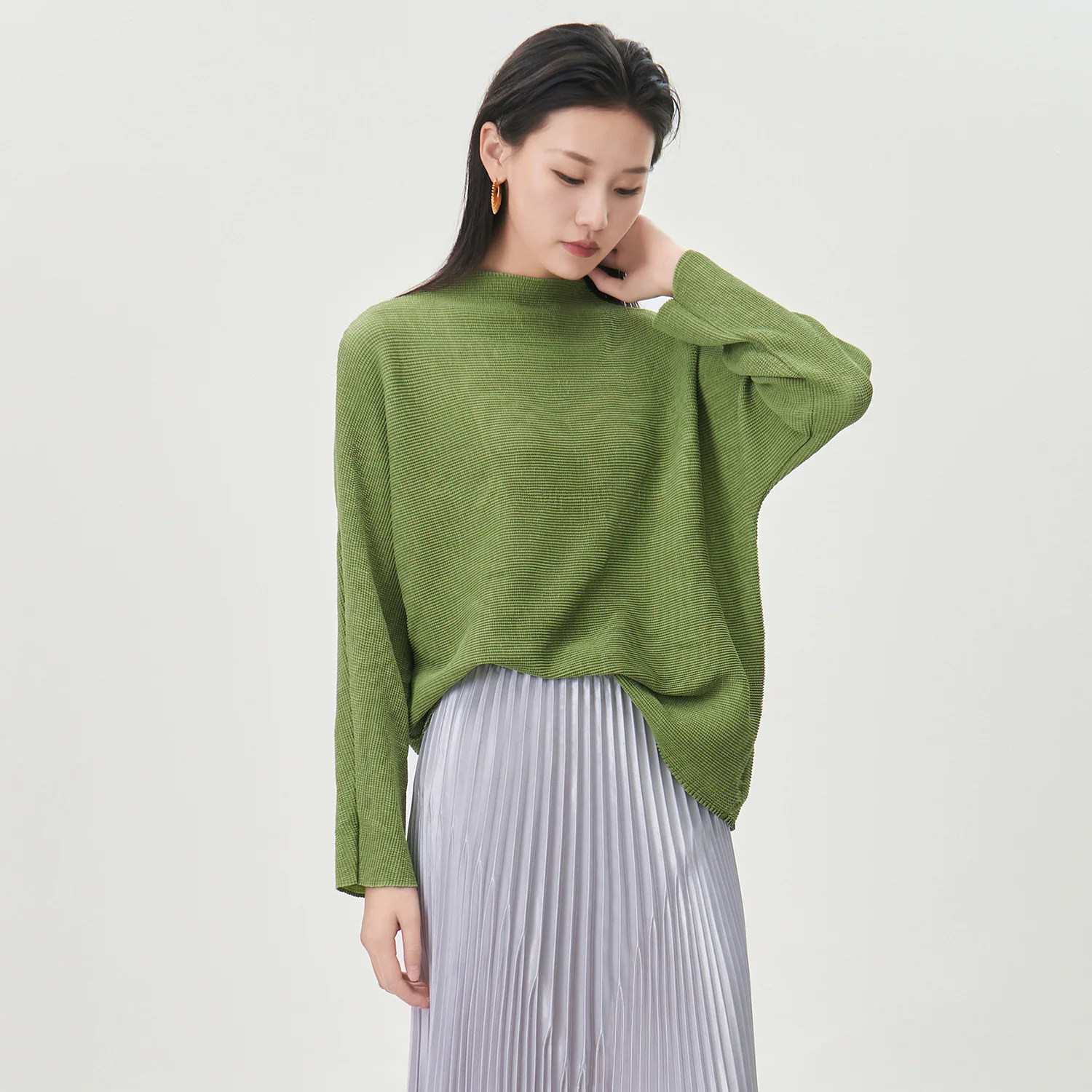 Miyake Fold 2025, herfst/winter dames T-shirt met lange mouwen, damesmode, losse grote effen kleur, veelzijdige mode-top herfst