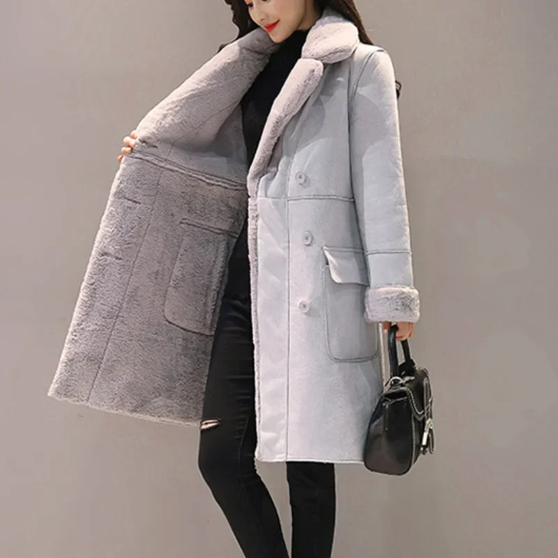 

Pop Women's Winter Warm Velvet Padded Faux Suede Long Coat Parka Winter Jacket Women's Double-breasted Jacket Slim Solid Lapel C