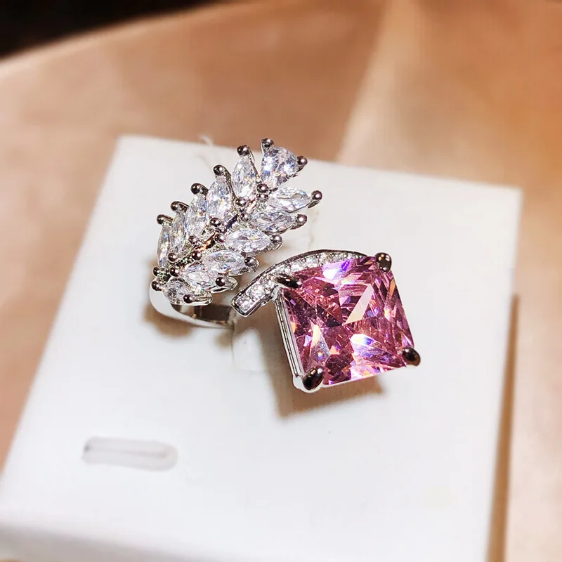925 Silver New Fashion Raydean Ice Cut Ring Creative Feather Pink Diamond Opening Ring Party Birthday Jewelry Gift