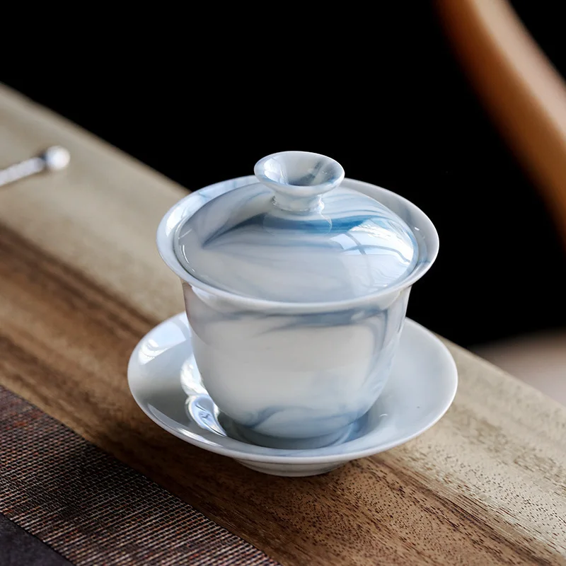 Ink Blue and White Porcelain Three-Talent Covered Bowl Large Tea Cup Ceramic Tea Bowl Kung Fu Tea Set Accessories