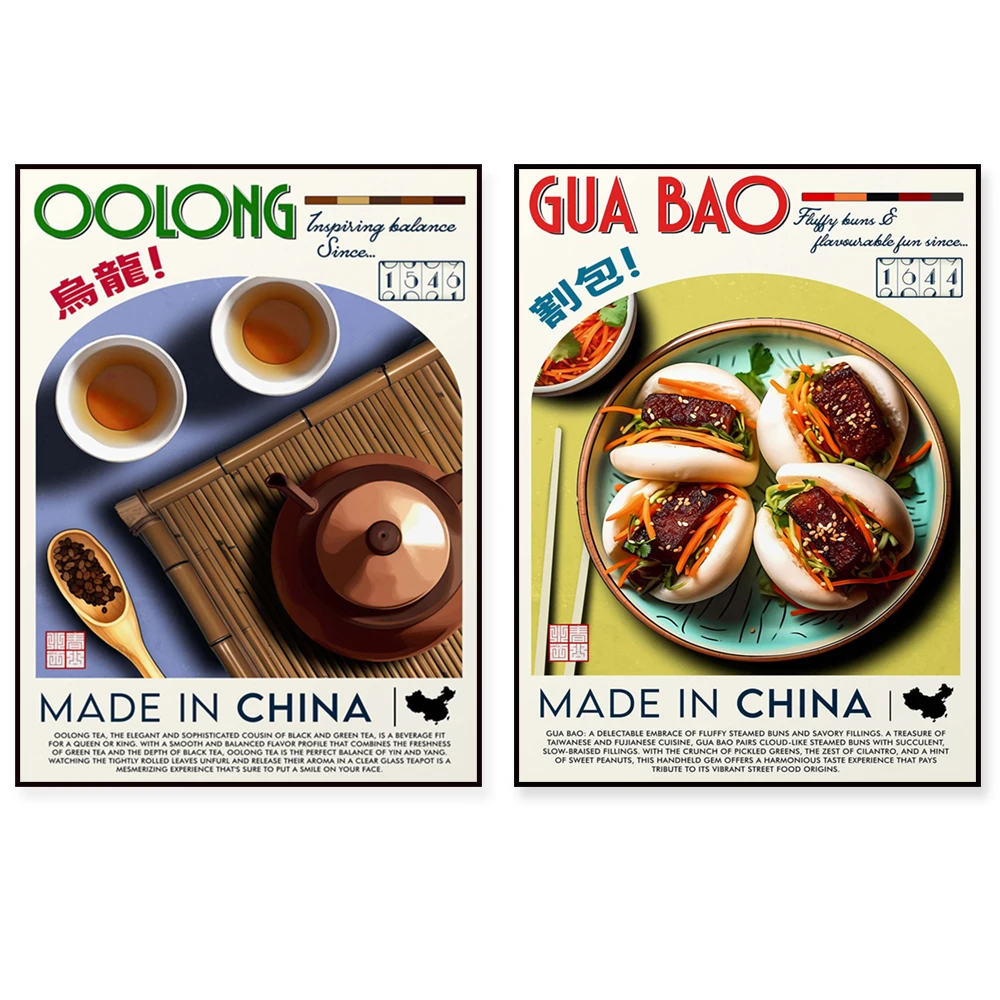 Muebras chinas, pato asado, tofu peto, té oolong, albóndigas japonesas, sopa tailandesa Tom Yum Goong, carteles de comida bibimbap coreanos