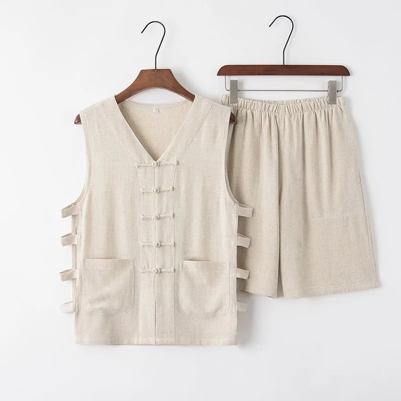 New Chinese Style Cotton Linen Men's Vest with Button Shoulder Pads Spring Summer Tang Costume Han Costume Youth Casual Wear
