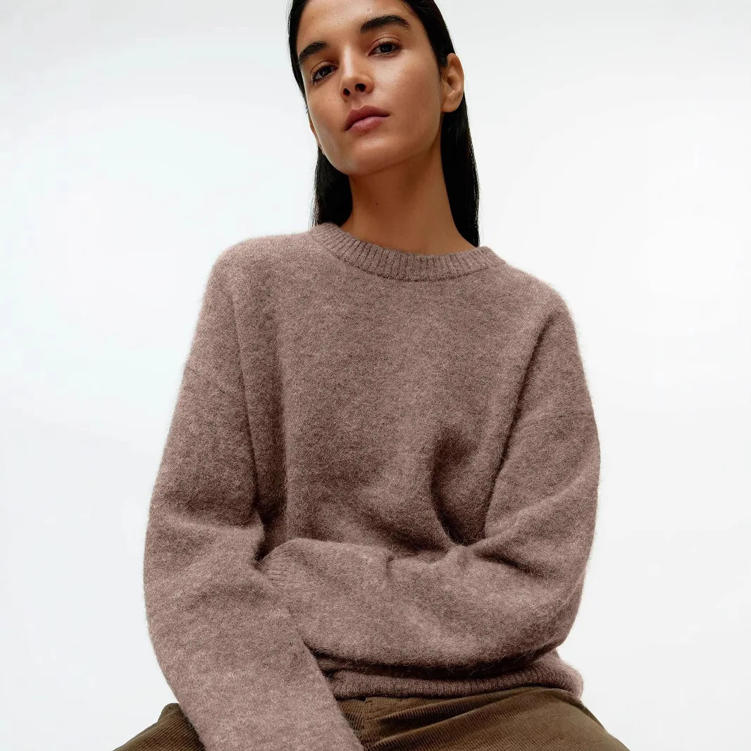 

Autumn Winter American Soft Thickened Grey Hooded Sweater Women's Loose Long Sleeve round Neck Knitted Woolen Cardigan