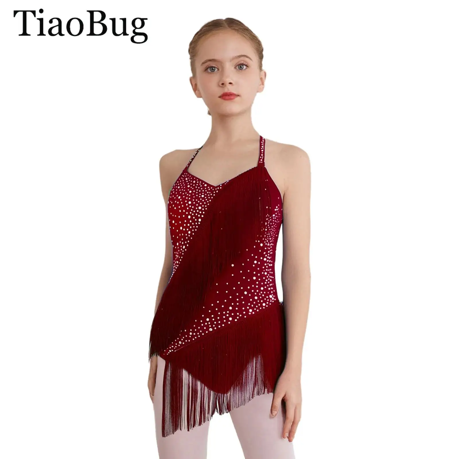 

Kid Girls Tassel Latin Dance Leotard Dress Sleeveless Halter Rhinestones Tango Cha-Cha Salsa Figure Skating Performance Bodysuit