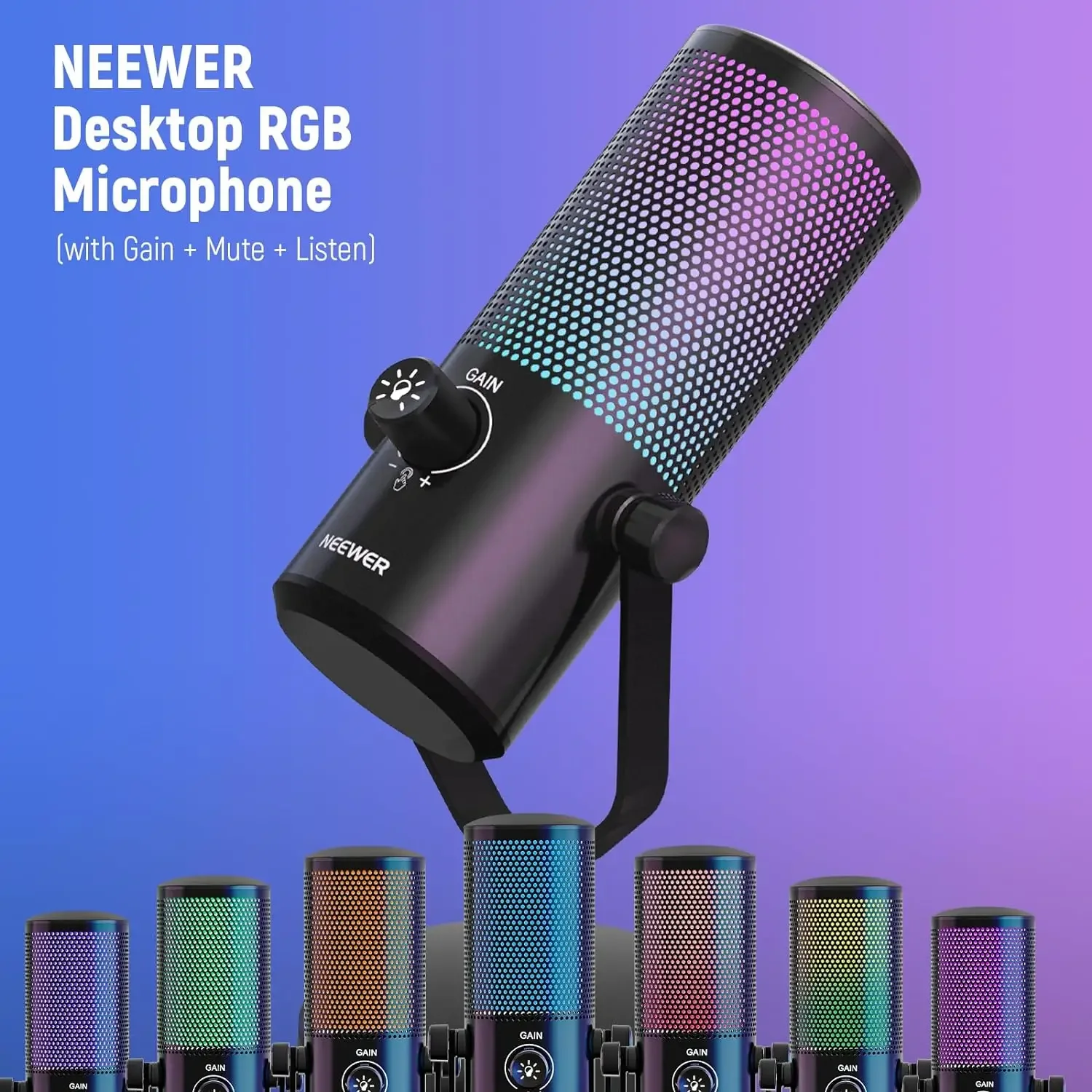 Neewer USB Gaming Microphone with RGB Light Effect Plug & Play One Click Mute & Gain CM24