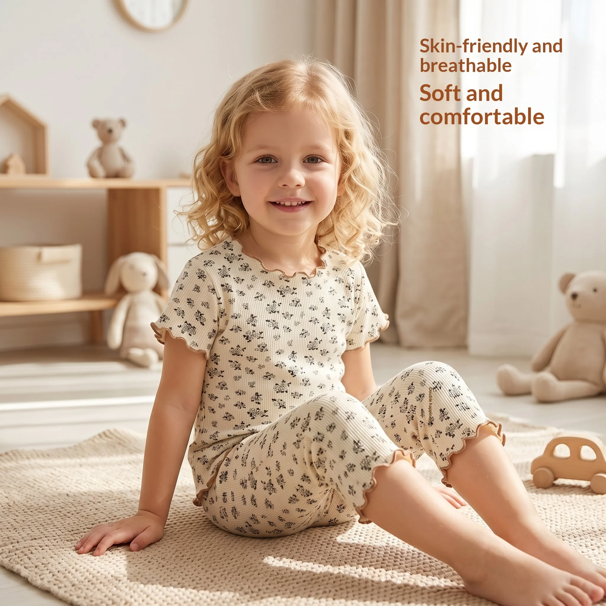 New Summer Collection: Girls' Ice-Silk Air-Conditioned Clothing—floral Short-Sleeve Top and Shorts Two-Piece Loungewear Set