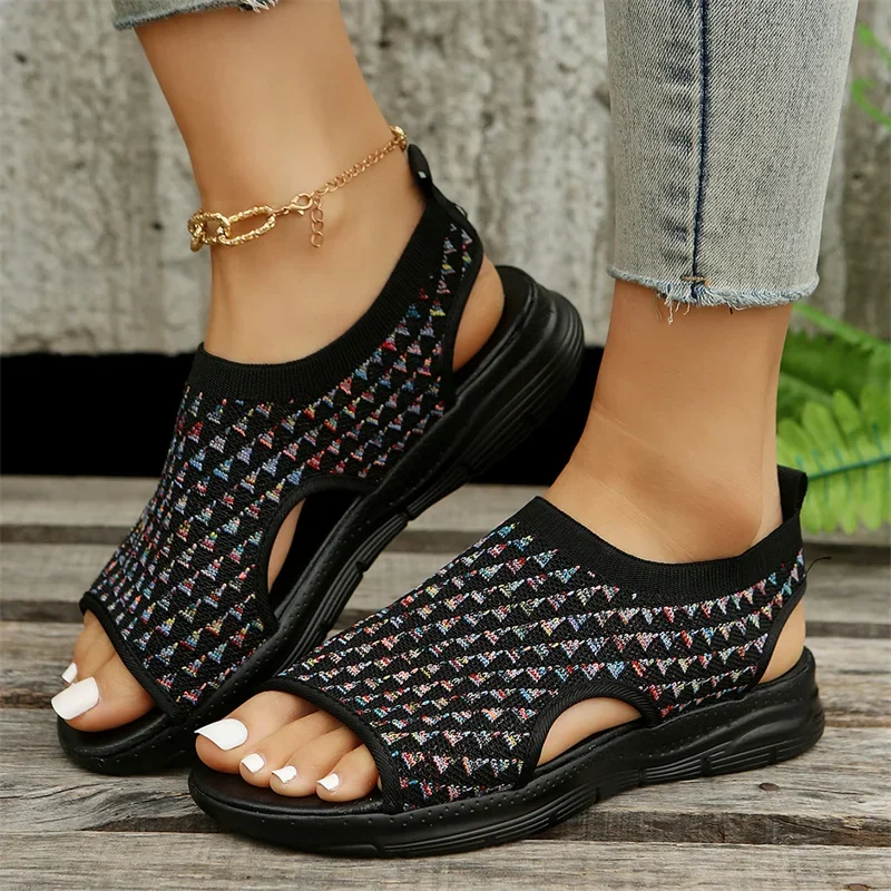 Summer New Women Sandals Knitted Flat Bottom Elastic Knit Shoes Lightweight Soft Sole Anti Slip Casual Sports Sandals Size 43