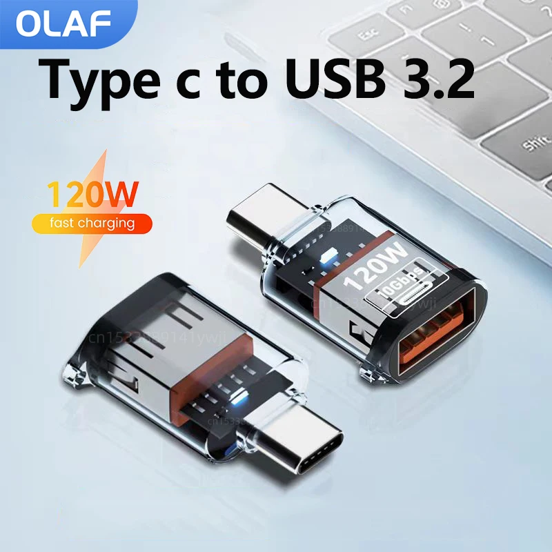 Olaf 120W USB3.2/Gen 2 Female to Type C Adapter Fast Charging Transparent Mini OTG for iPhone 15 16 Tablet Computer
