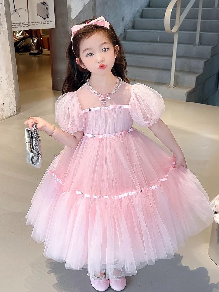 2024South Korea Children's Clothing Girls' Pink Dress Summer Western Style Children's Senior Year-Old Performance Dress Mesh Now