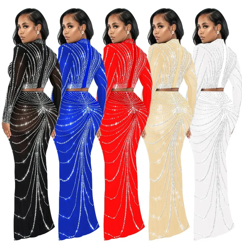 Luxury Sequins Evening Dress Set Beading Diamonds Cropped Tops High Slit Maxi Skirts 2 Piece Outfits Bodycon Party Dinner Gown