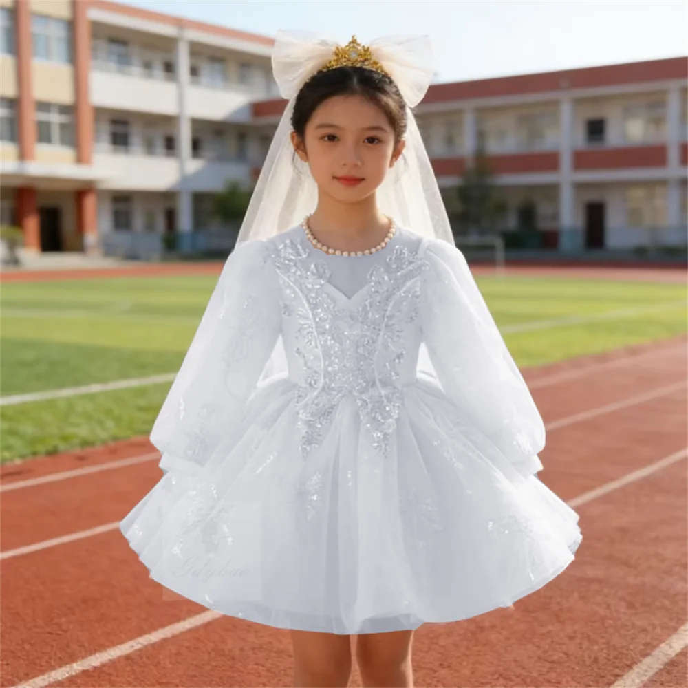 Girls Princess Long Sleeve Fluffy Flower Girl Dress Wedding Host Performance Kids Tulle Party Gown First Birthday Dress