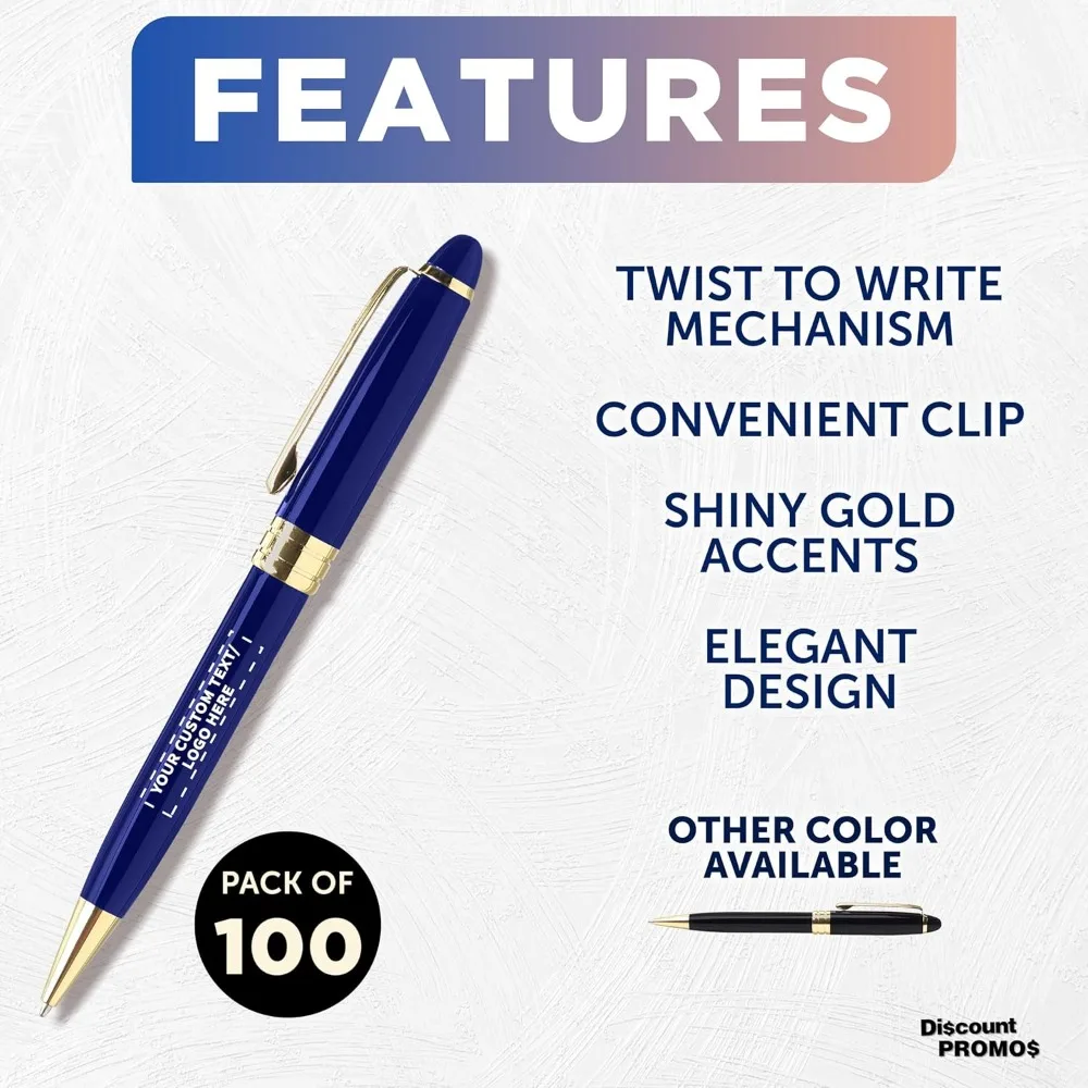 مجموعة أقلام الترا التنفيذية مكونة من 100 قطعة - قابلة للتخصيص مع النص أو الشعار، وحامل ملتوي، وحواف ذهبية، وحبر أزرق - كتابة عالية الجودة