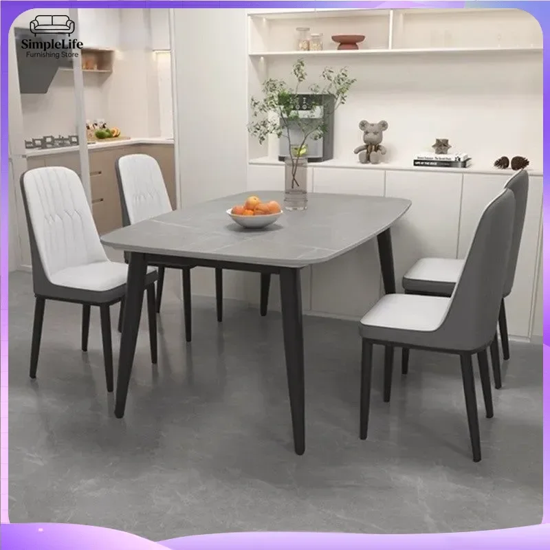 Italian Light Luxury Bright Rock Slab Dining Table Set with Chairs for Small Apartment Modern Simple Rectangular Minimalist