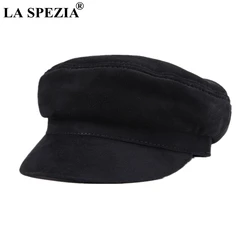 LA SPEZIA-Gorra de cuero auténtico para hombre y mujer, gorro militar clásico, de marca, color negro, estilo Newsboy, marca italiana de lujo