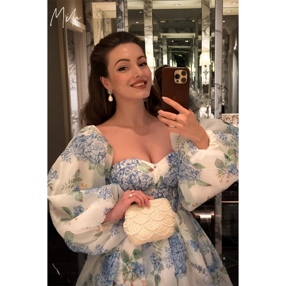 

Mila White Sweetheart Neck Customized Party Dresses Long Sleeve Lace-Up Prom Dresses Elegant Flower Tra-length Evening Dresses