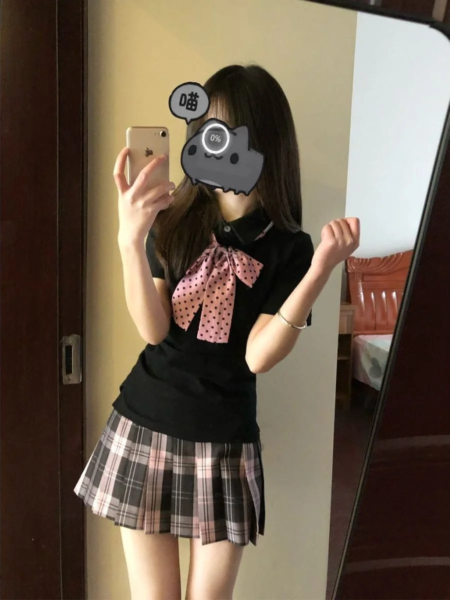 Original Black JK Uniform  Shirt And Skirt Set Women's Summer Academy Style Waist-Cinching Outfit Breathable Polyester