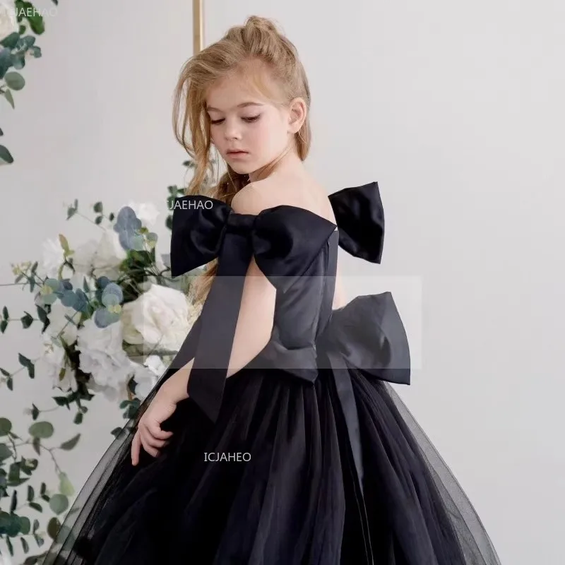 Girls Black Tiered Tulle Dress for Wedding Piano Recital Flower Girl Birthday Princess Ball Gown Pageant Party Kids Performance