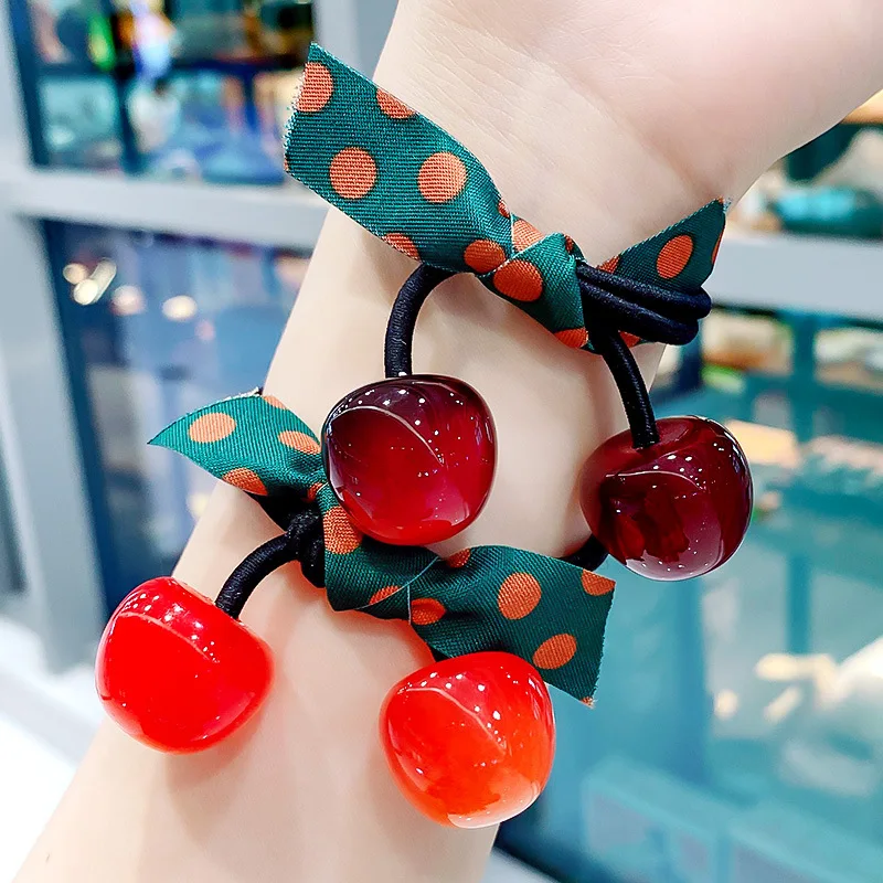 مجموعة إكسسوارات للشعر على الطراز الكوري مكونة من 3 قطع من أربطة وخواتم مطاطية للشعر على شكل فيونكة كرزية وإكسسوارات رأس بسيطة للنساء والفتيات