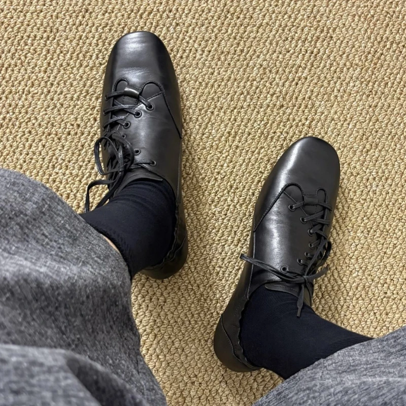 

Lace Up Black Flats Shoes Women Loafers Square Toe Shallow Pu Leather Casual Shoes Ladies Spring Autumn Plus Size Footwear New