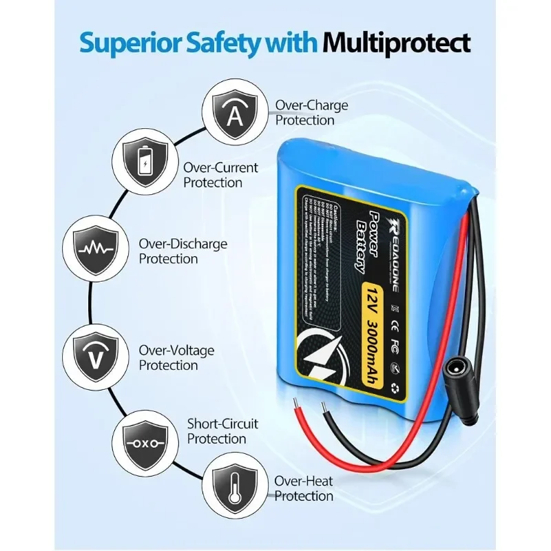 REOAOONE 12V 3000mAh Lithium Ion Battery Pack with Charger for Security Camera LED Lamp Wireless Router RC Toy 6A Output