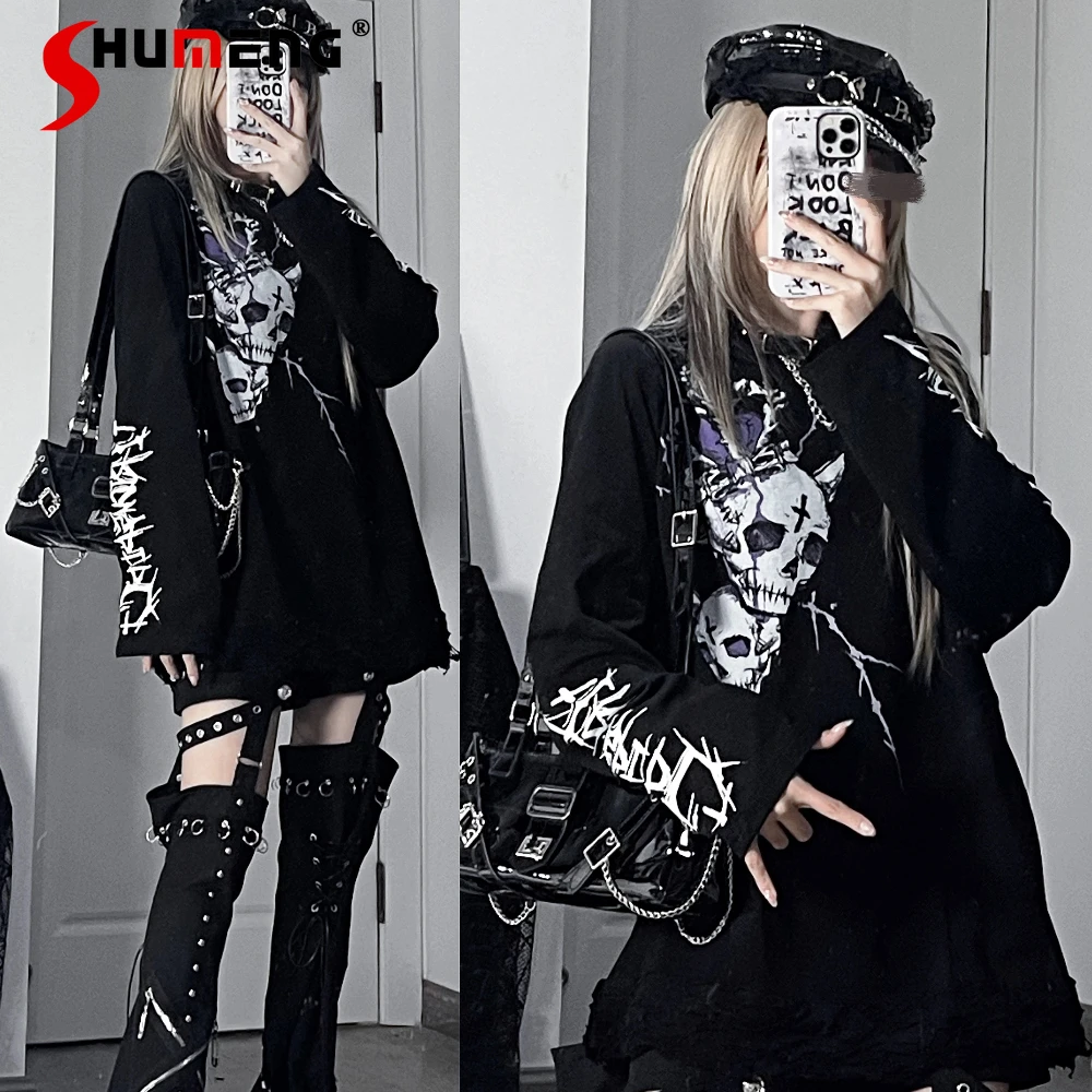 Japanese Subculture Dark Punk Harajuku Style Print Long Drop Sleeves Holes Hoodies Loose Casual Thin Sweatshirts Women Autumn