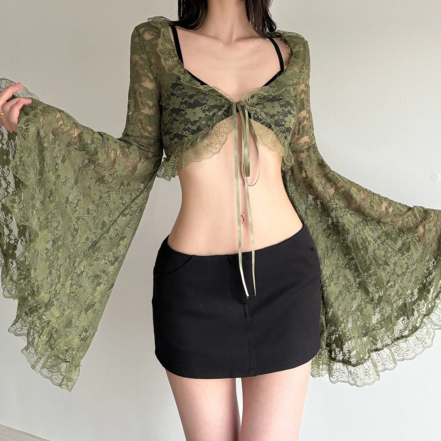

Vintage Sexy Lace Smock Tees Holiday See Through Bandage Deep V-Neck Long Flare Sleeve T-Shirt Women 2025 Autumn Spring Fashion