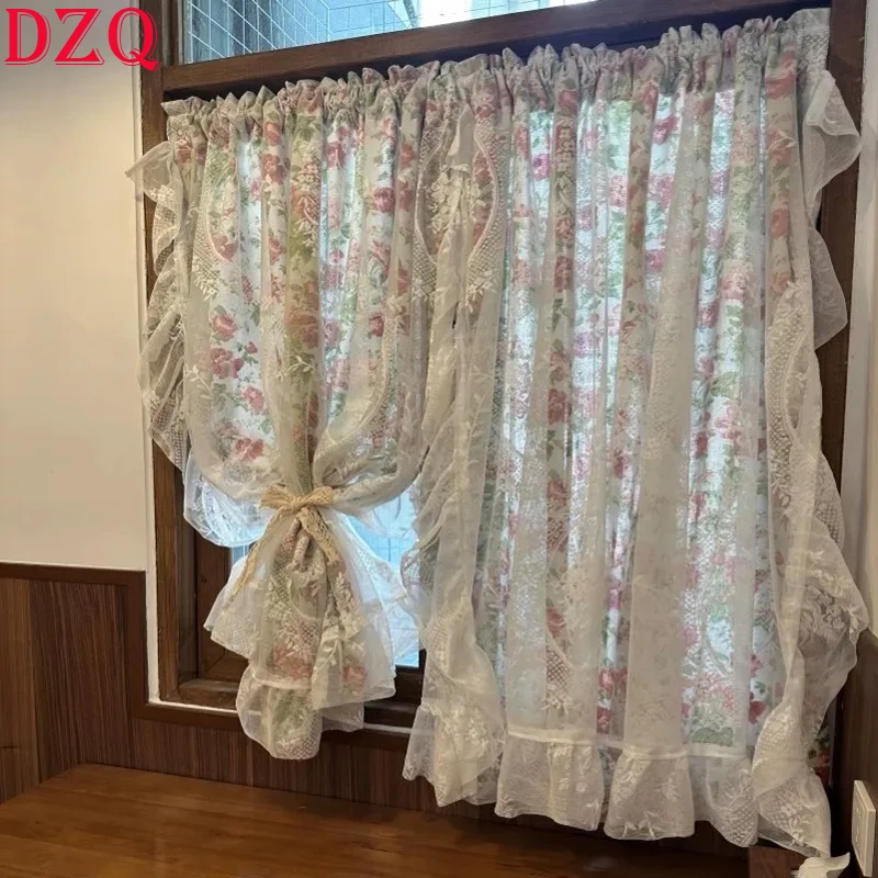 

Double Layered Idyllic French Romantic Flowers Curtains Cloth For Living Room Lace Warp Ruffled Tulle Curtains for Kitchen #A667