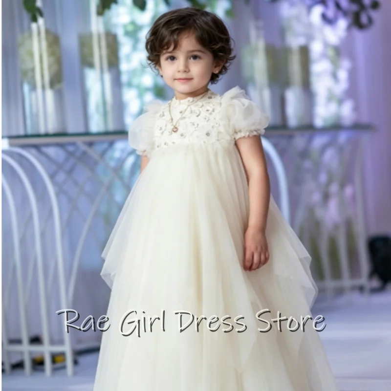 Customized Ivory Lace Tulle Flower Girl Dress For Wedding First Communion A Line Floor Length Gown Puff Short Sleeves Beaded
