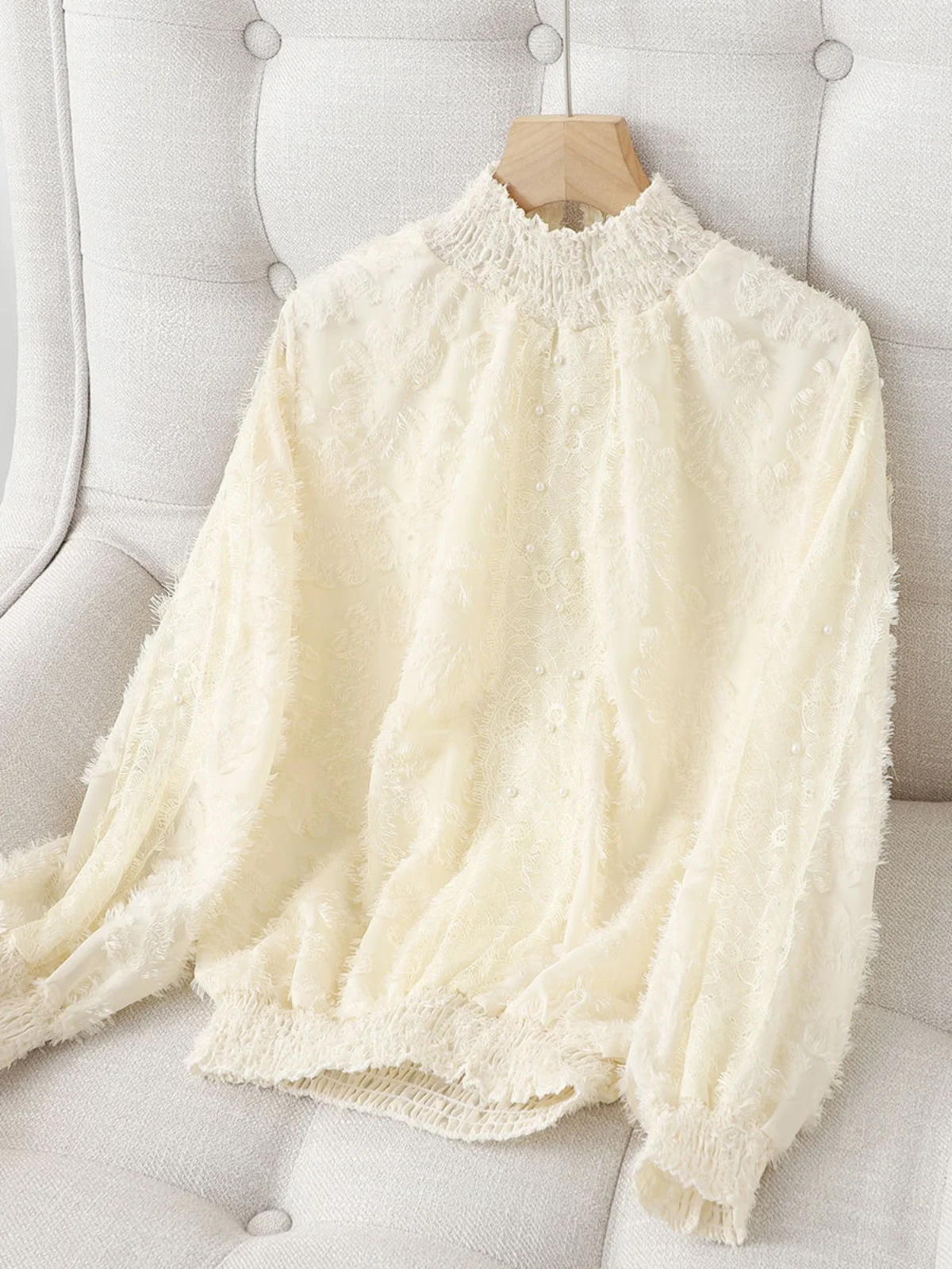 

Утепленная женская кружевная блузка с воротником-стойкой, модный осенне-зимний топ из полиэстера, цельная модель, без рукавов