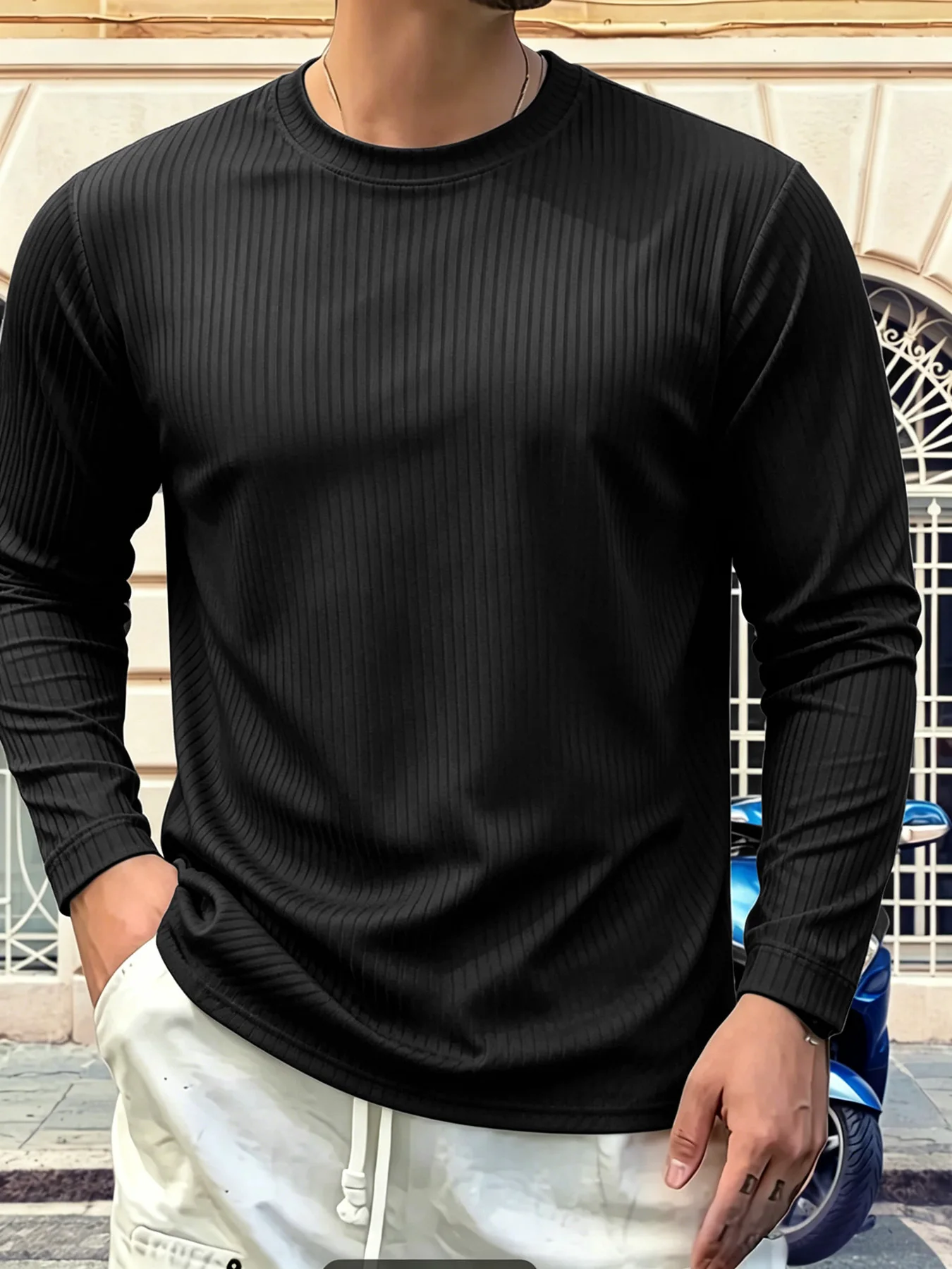 Fashion Textured Vertical Rib Knit Men Long Sleeve Crew Neck T-Shirt Elastic Stretch Knitwear Breathable Basic Shirts For Street