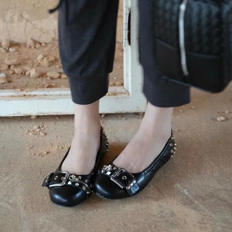 2026 New Niche Subculture Vintage Punk Style Hot Girl Genuine Leather Studded Ballet Flats Mary Jane Shoes