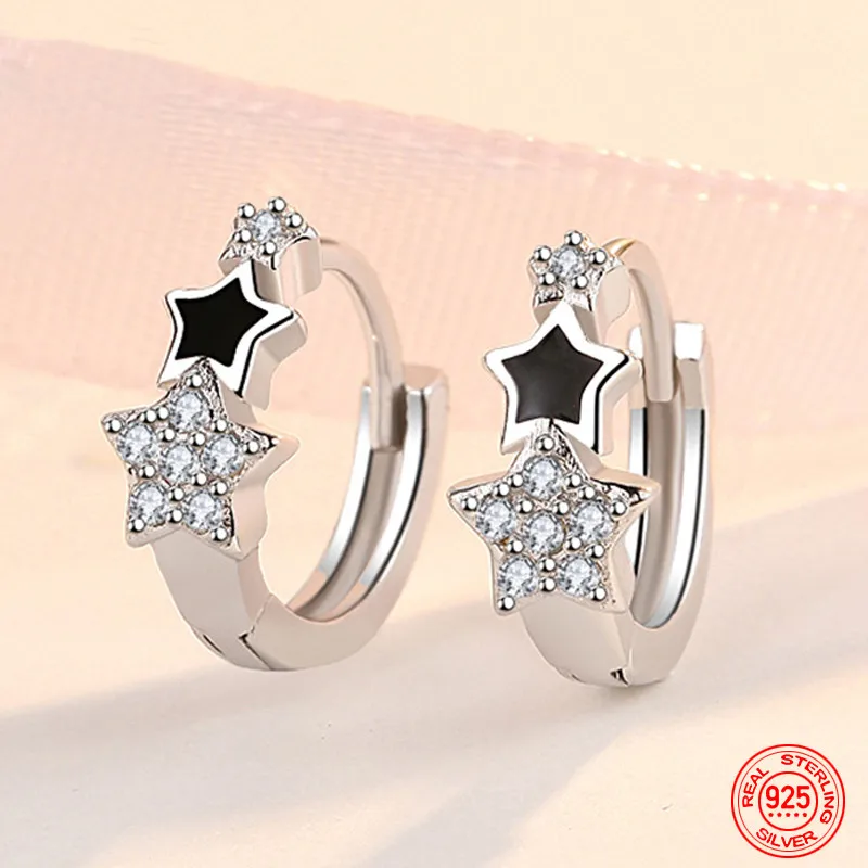 

925 Sterling Silver Black Stars Zircon Hoop Earring Women Charm Wedding Jewelry Party Gift
