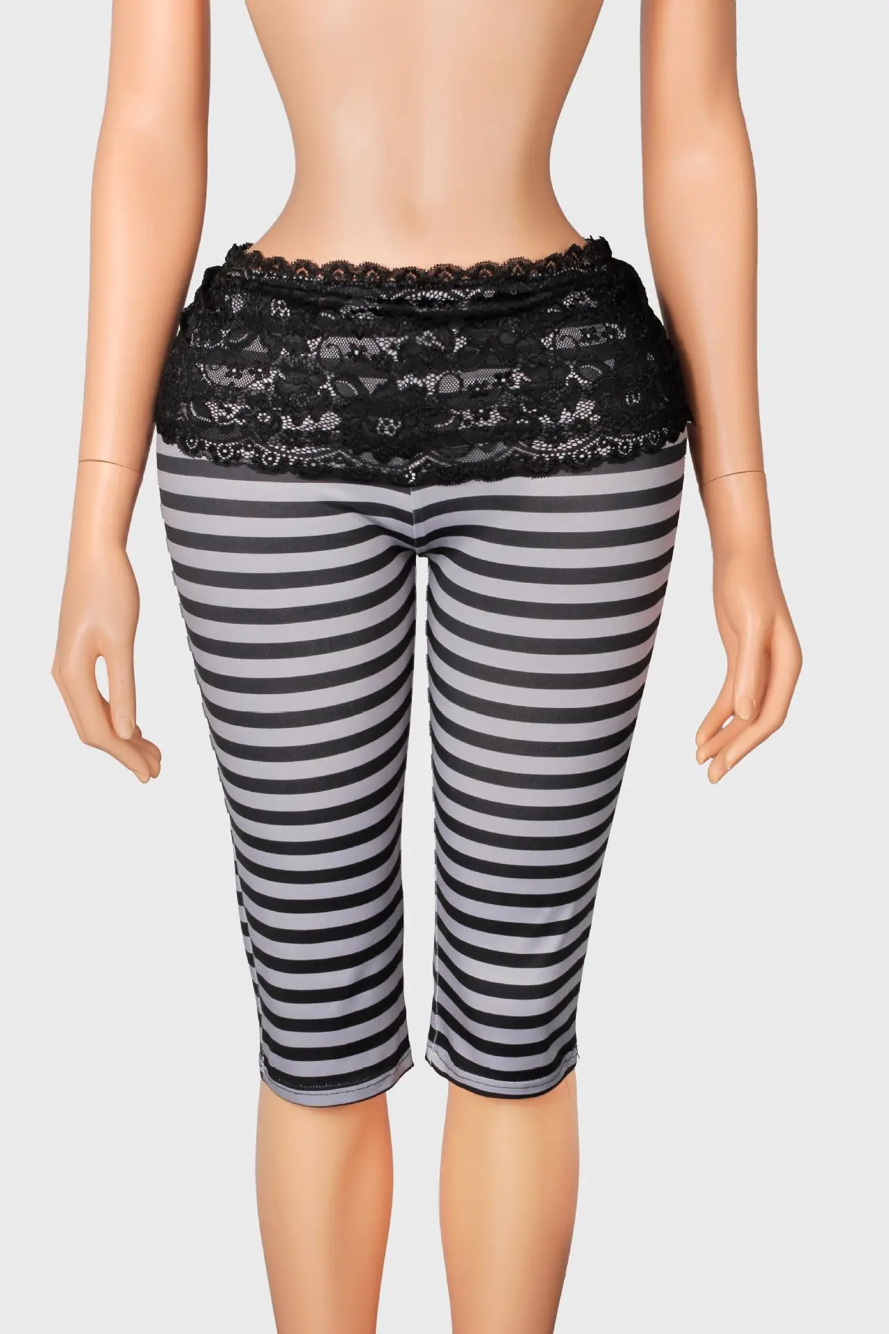 Striped Capri Leggings For Women Lace Waistband Low Rise Bodycon Cropped Pants High Stretch Streetwear Casual Mid Pants