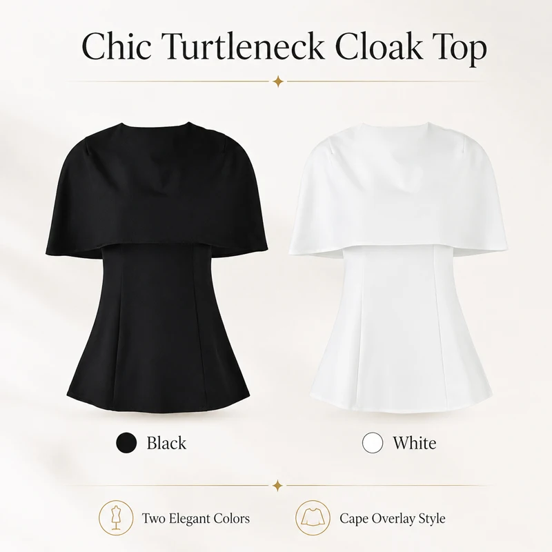 Elegant 2 Piece Outfit Mock Neck Slim Fit Blouse With Cape Shrug Shoulder Wrap Formal Party Women Two Piece Top Set