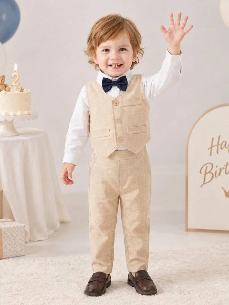Boys Gentleman Vest Suit 1-6 Years Kids Birthday Spring Autumn Clothing Set Toddler Plaid Formal Wedding Outfit