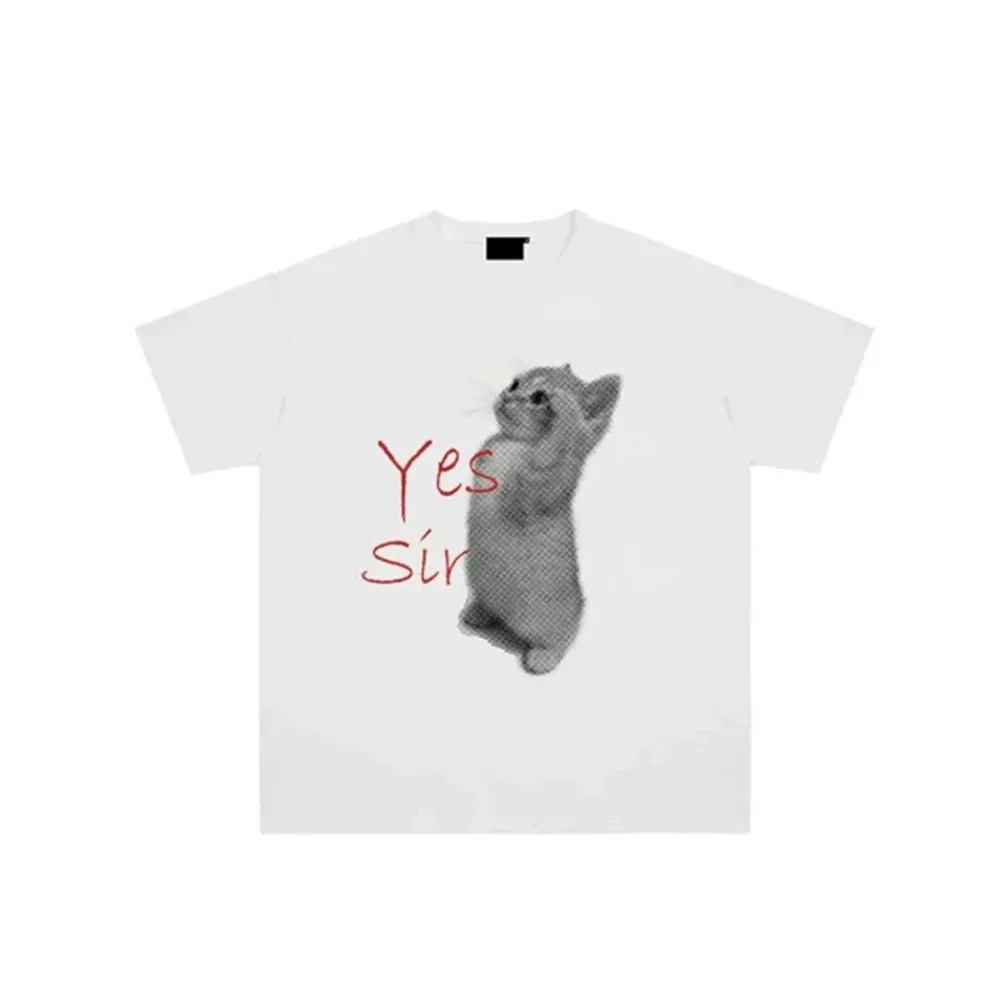 Yes Sir Cute Cat Print T-Shirt Women Vintage Aesthetic Streetwear Harajuku Round Neck Short Sleeve Funny Cat Meme Casual Tees